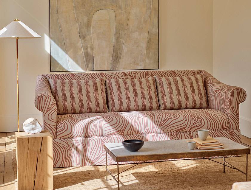 Turnberry 3 seater sofa in Contour Lines Berry with scatters in Frond Stripe Small